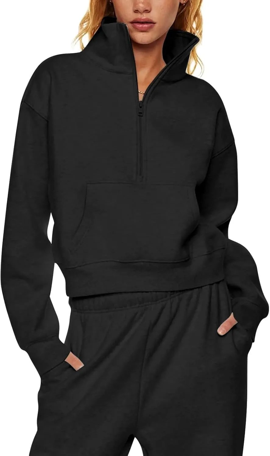 Sweatshirt for Women Half Zip Cropped Pullover Fleece Quarter Zipper Hoodies Fall Outfits Clothes Thumb Hole