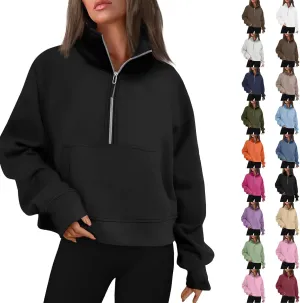 Sweatshirt for Women Half Zip Cropped Pullover Fleece Quarter Zipper Hoodies Fall Outfits Clothes Thumb Hole