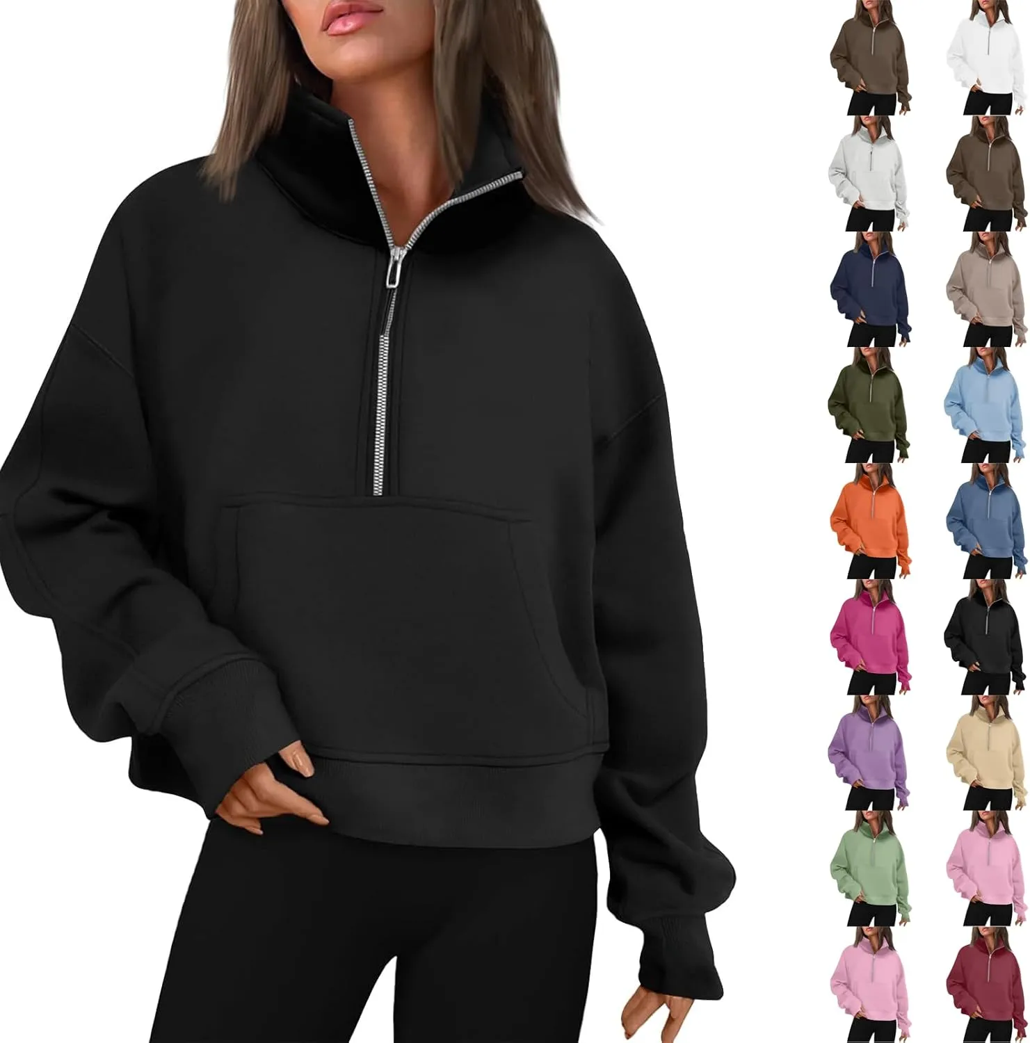 Sweatshirt for Women Half Zip Cropped Pullover Fleece Quarter Zipper Hoodies Fall Outfits Clothes Thumb Hole