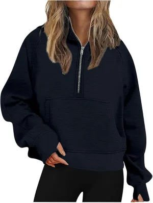 Sweatshirt for Womens Fall Fashion 2024 Half Zip Cropped Sweatshirt Pullover Fleece Quarter Zipper Hoodie Thumb Hole