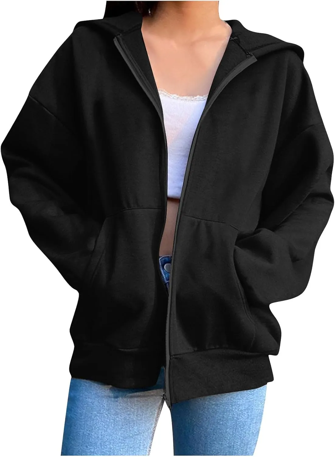 Sweatshirt Zipper Up for Women Solid Cropped 2024 Casual Trendy Loose Fit Sweater Long Sleeve Shirt with Side Pockets
