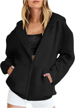 Sweatshirt Zipper Up for Women Solid Cropped 2024 Casual Trendy Loose Fit Sweater Long Sleeve Shirt with Side Pockets