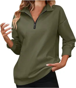 Sweatshirts for Women 2024 Fall Casual Loose Fit Long Sleeve V Neck Zipper Pullovers Solid Color Going Out Tops