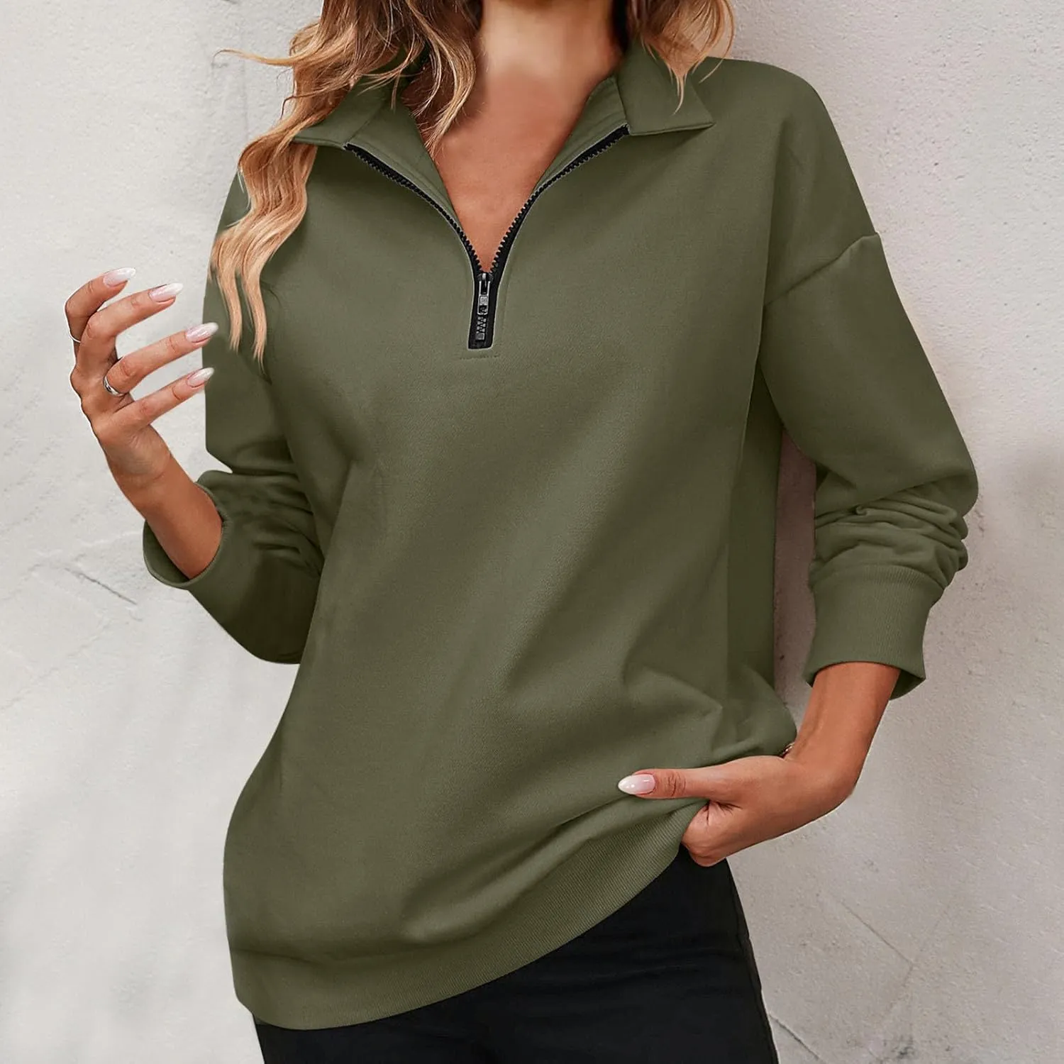 Sweatshirts for Women 2024 Fall Casual Loose Fit Long Sleeve V Neck Zipper Pullovers Solid Color Going Out Tops