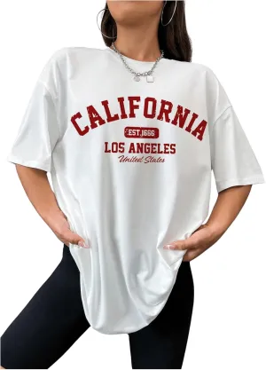 SweatyRocks Women's Letter Printed T Shirts Short Sleeve Crewneck Oversized Tees Top