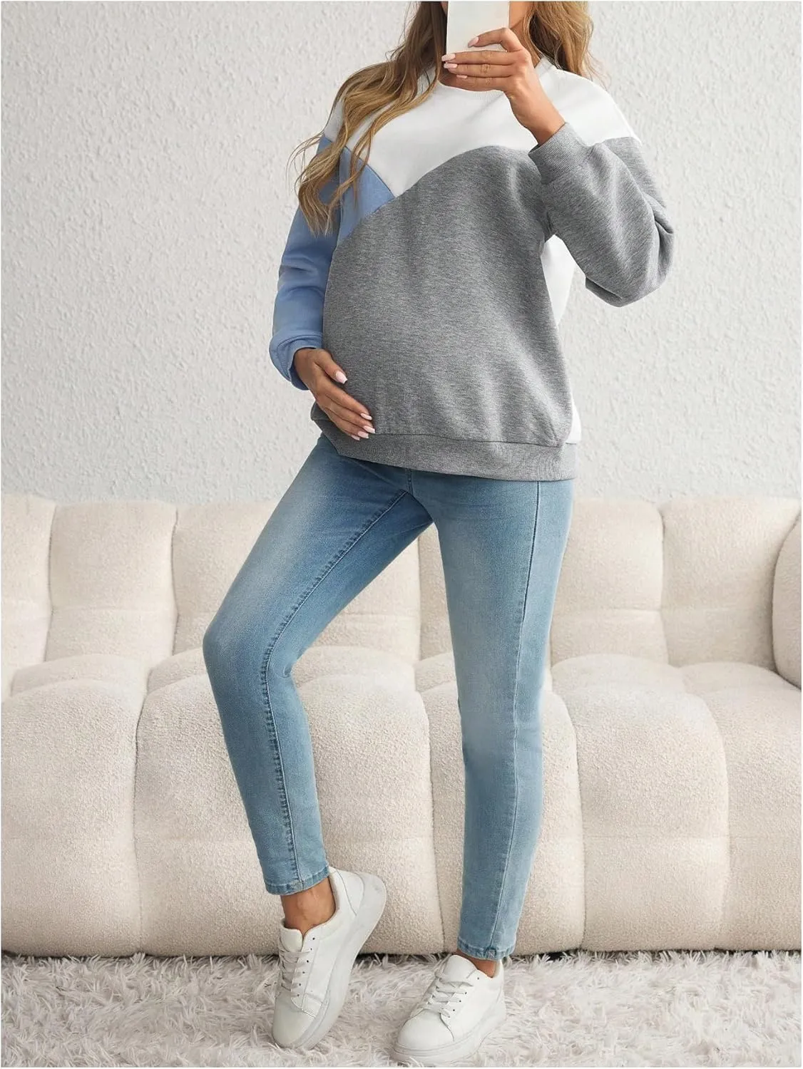 SweatyRocks Women's Maternity Color Block Sweatshirts Crewneck Zipper Nursing Pullover Tops