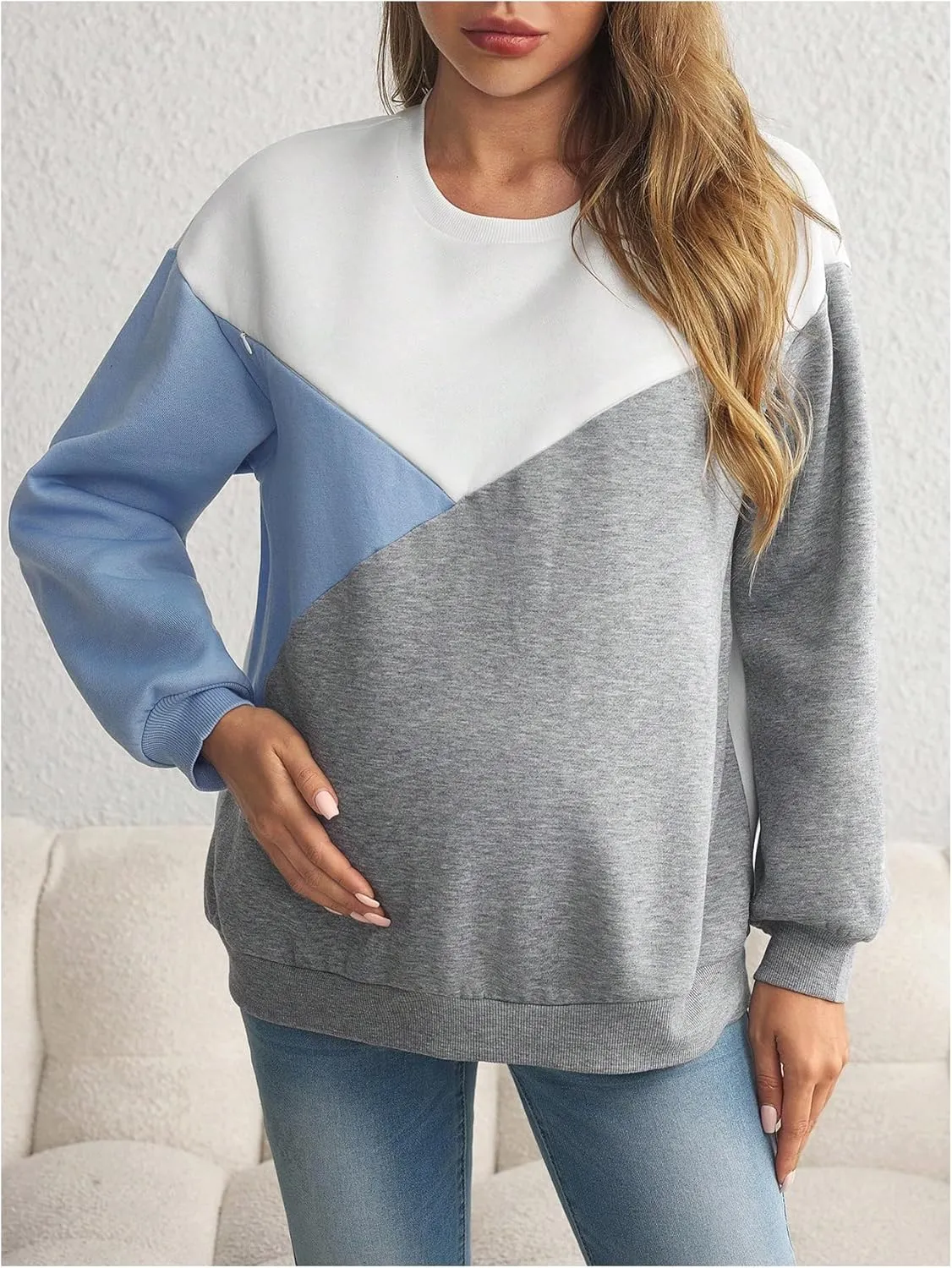 SweatyRocks Women's Maternity Color Block Sweatshirts Crewneck Zipper Nursing Pullover Tops