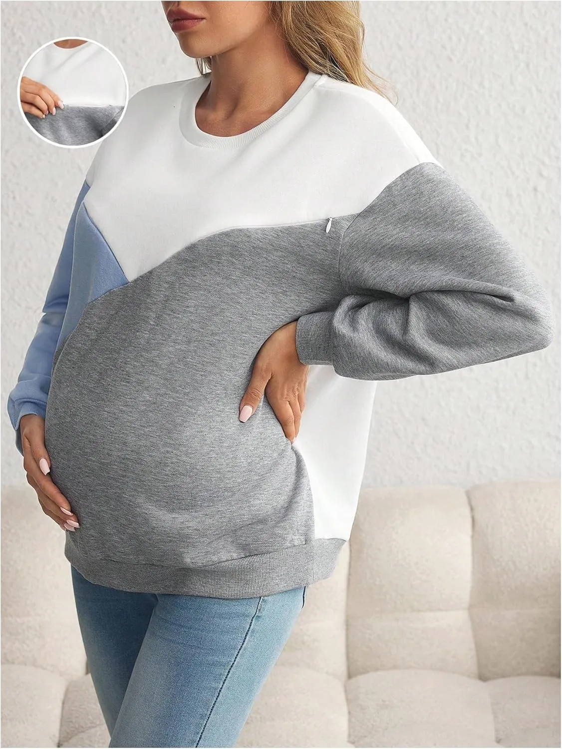 SweatyRocks Women's Maternity Color Block Sweatshirts Crewneck Zipper Nursing Pullover Tops