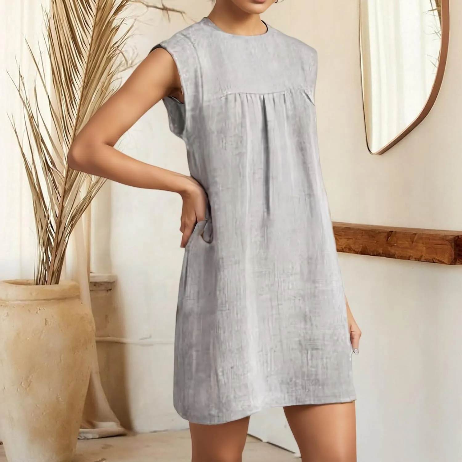 T Shirt Dresses for Women Casual Summer Midi Dress Cotton Linen Short Dress Sleeveless Beach Vacation Sundress Fashion