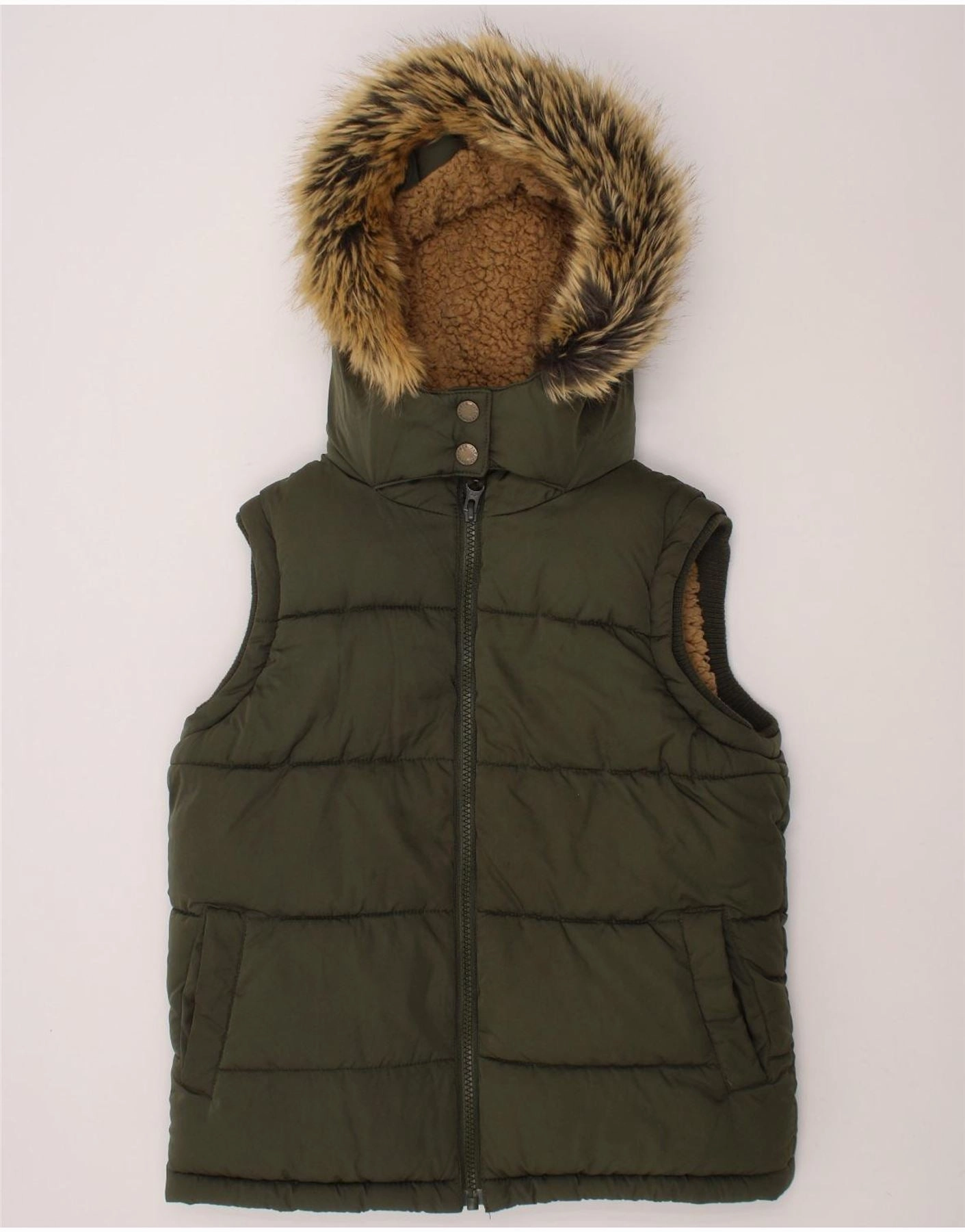 FAT FACE Boys Hooded Padded Gilet 8-9 Years Khaki Polyester Layered Security Pockets Reinforced Seams
