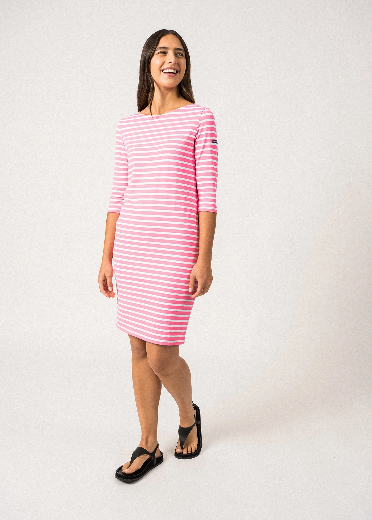 PROPRIANO - Form-Fitting Nautical Stripe Dress | Anti-UV Stretch Fabric (HOT PINK / WHITE) Reinforced Hemline Subtle Look