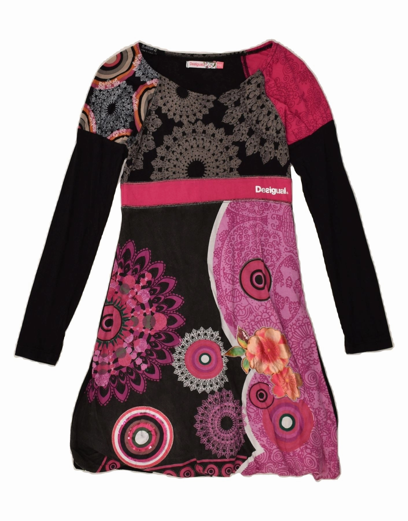 DESIGUAL Girls Long Sleeve A-Line Dress 11-12 Years Black Paisley Cotton Comfortable Fashion Decorative-Design