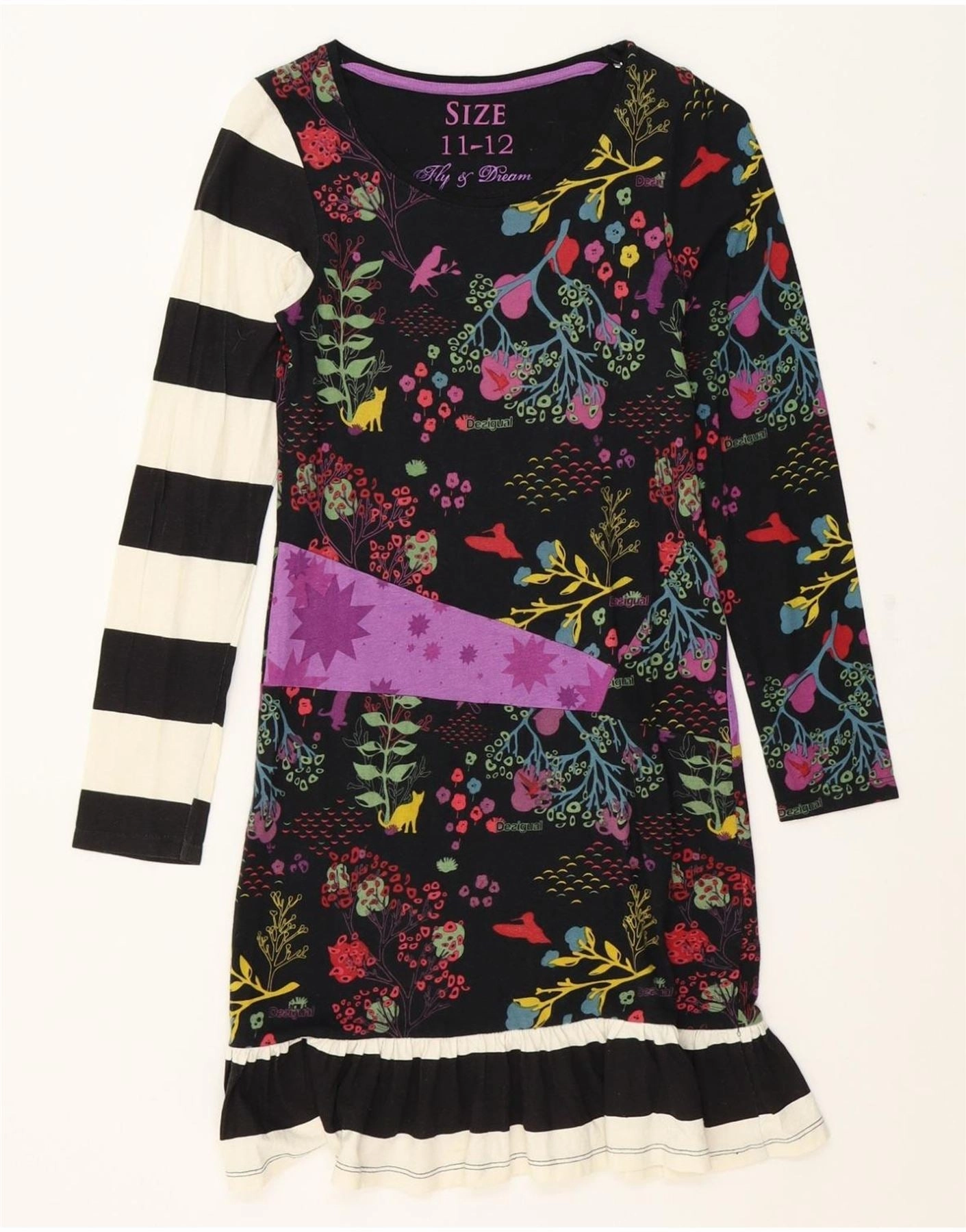 DESIGUAL Girls Long Sleeve Sheath Dress 11-12 Years Black Floral Cotton Sophisticated Line Relaxed outdoor dress
