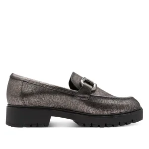 Tamaris Womens Pewter Silver Leather Loafers Slip-On Platform Shoes Coffee Spot
