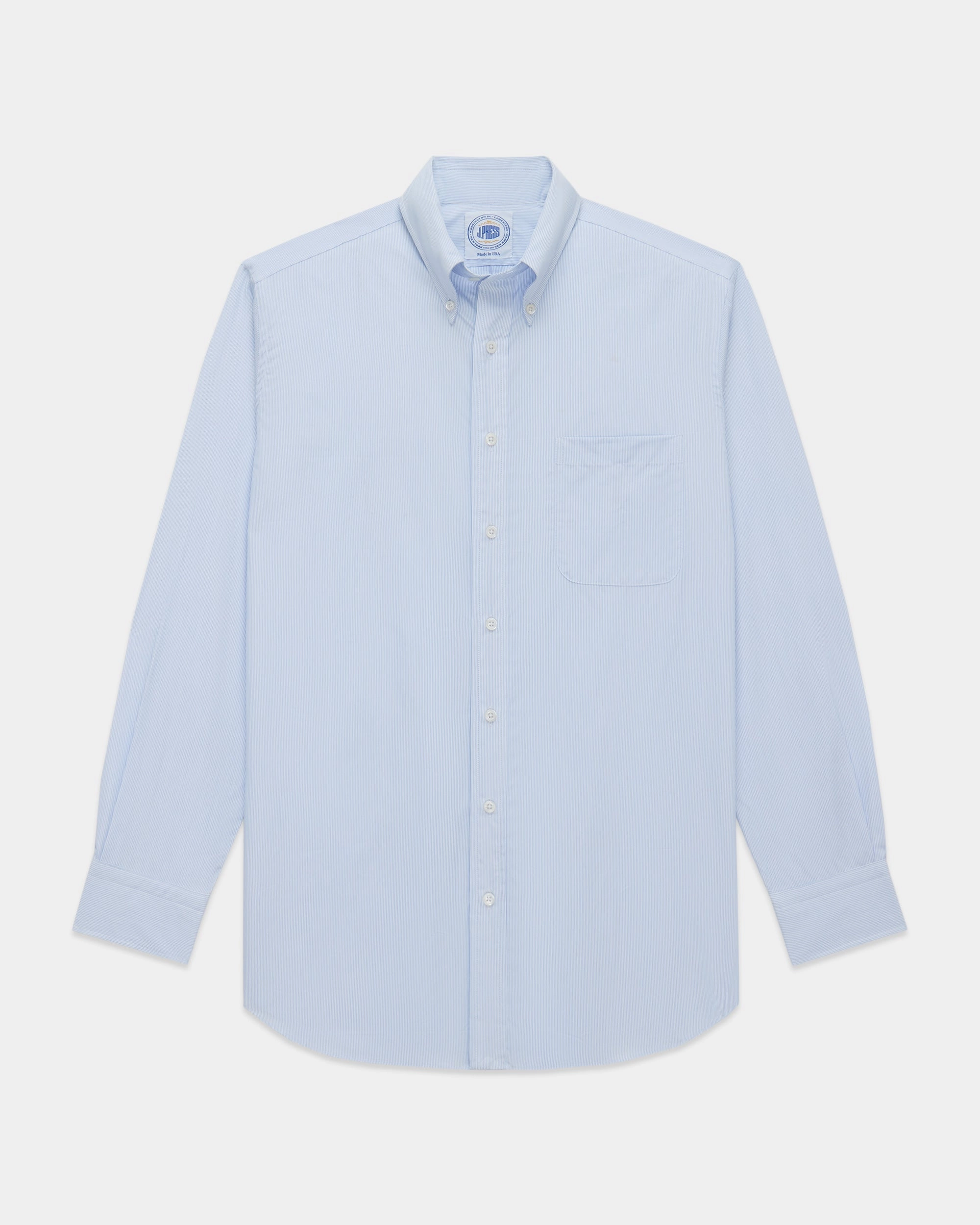 Made-in-USA Thomas Mason Blue Pinstripe Button Down Shirt - Regular Fit Hypoallergenic Lining Micro Perforated Texture