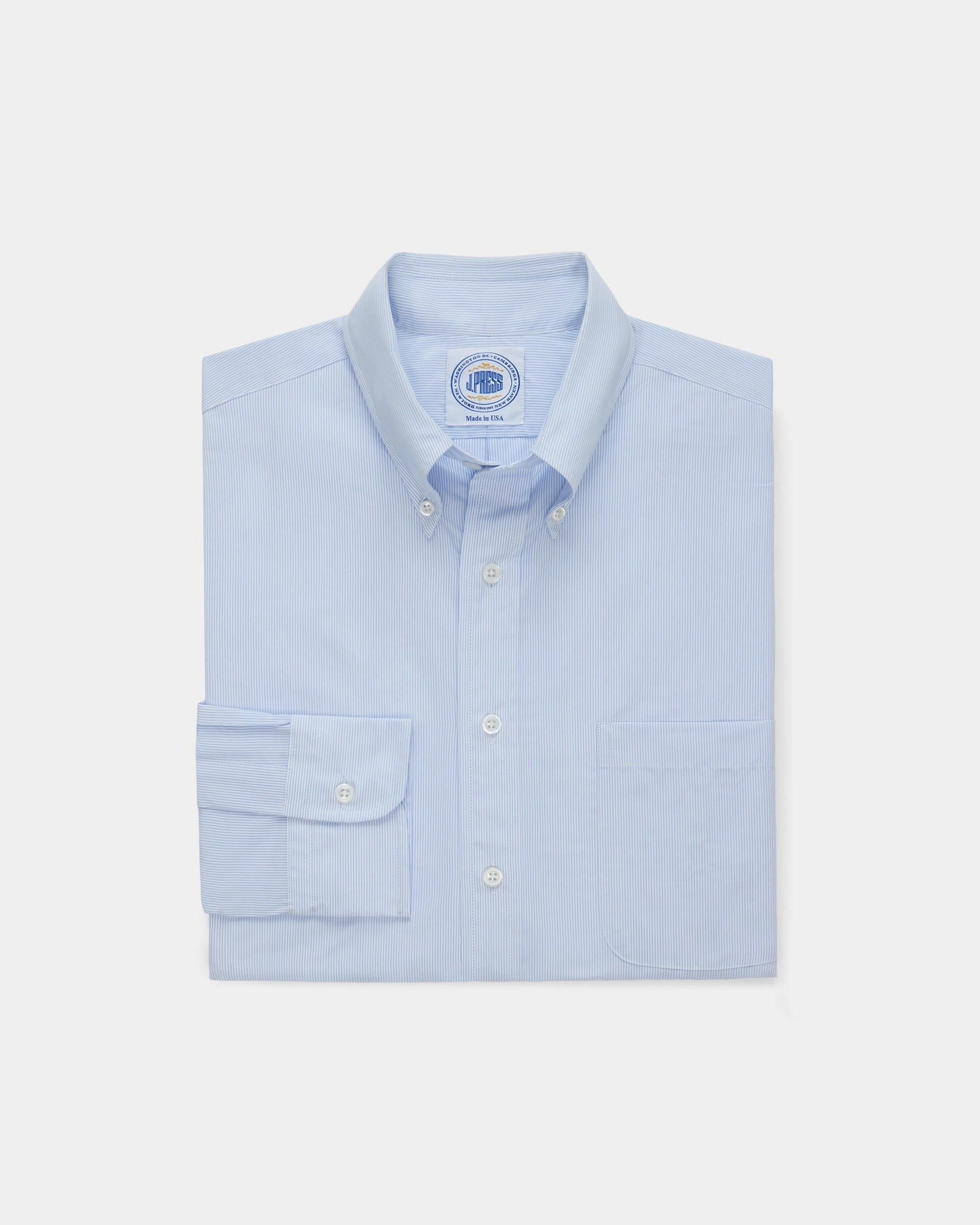 Structured Shoulder Support Streamlined Design Made-in-USA Thomas Mason Blue Pinstripe Button Down Shirt - Regular Fit