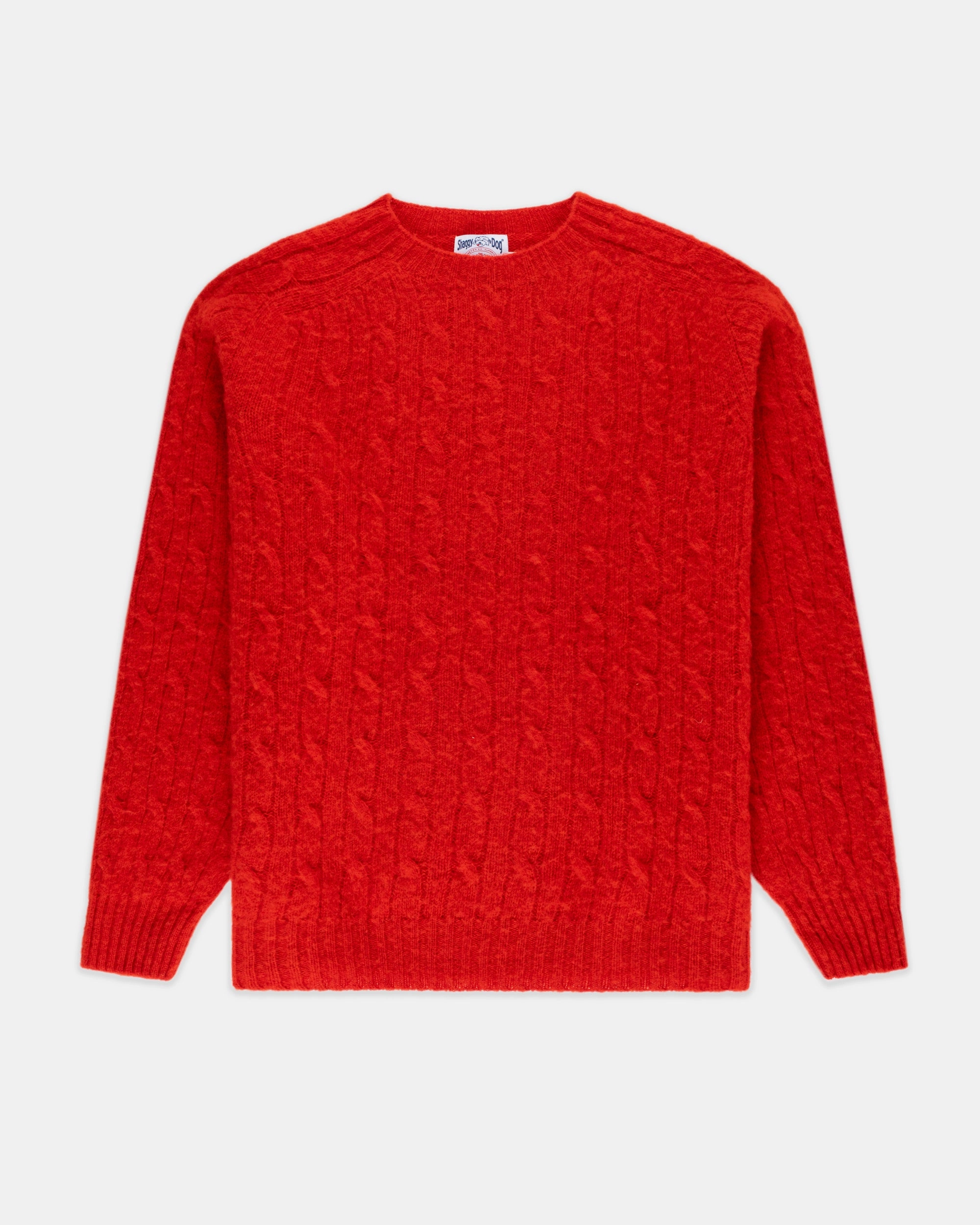 Chilly Season Cold Comfort Made-in-Scotland Red Shaggy Dog Cableknit Sweater - Classic Fit