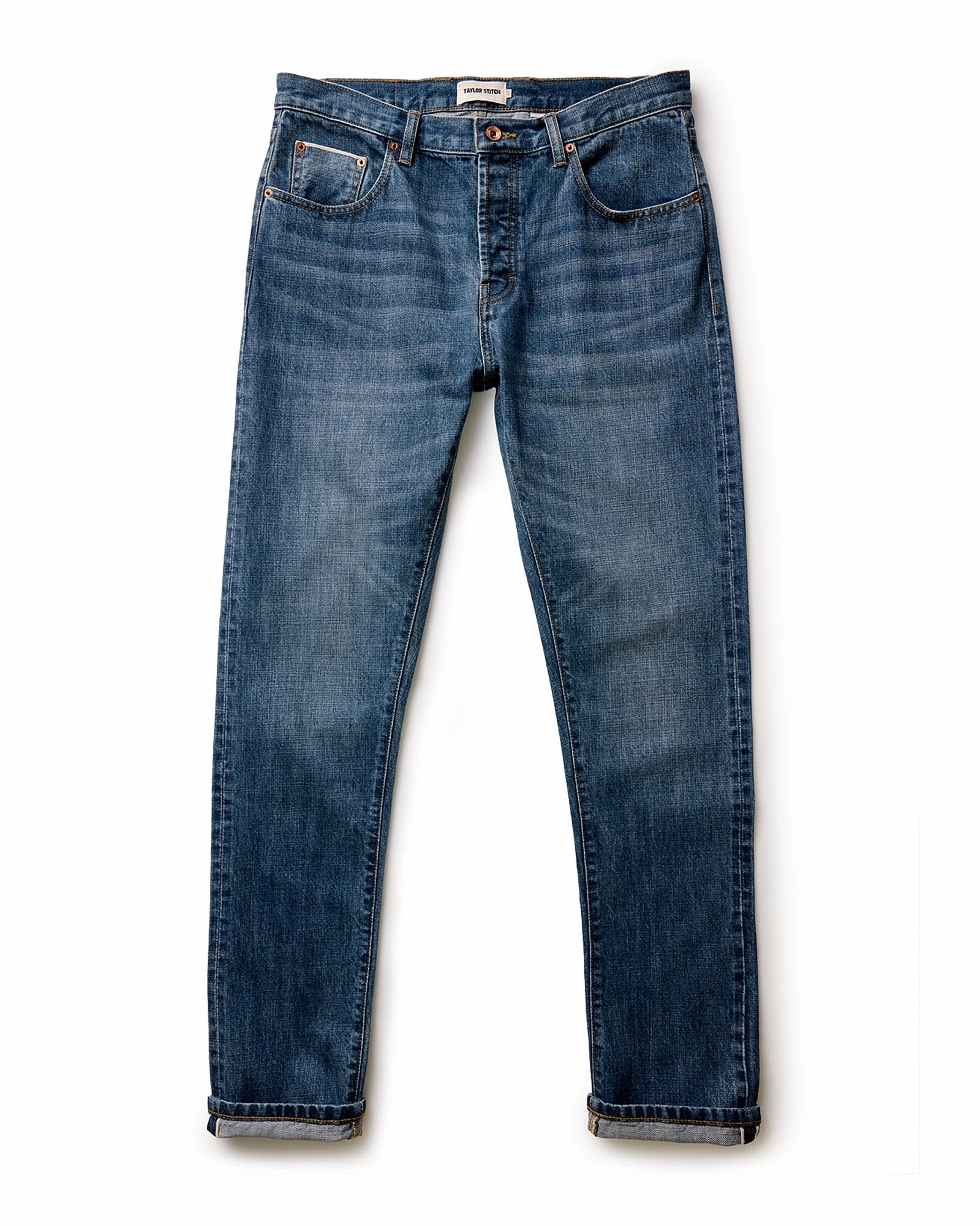 The Slim Jean in Mid Wash Organic Selvedge Quick Movement Wear Comfy Texture