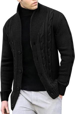Textured Cardigan Sweaters for Men Button Down Knit Sweater Open Front Cardigan Stand Collar Jacket Thermal Outwear