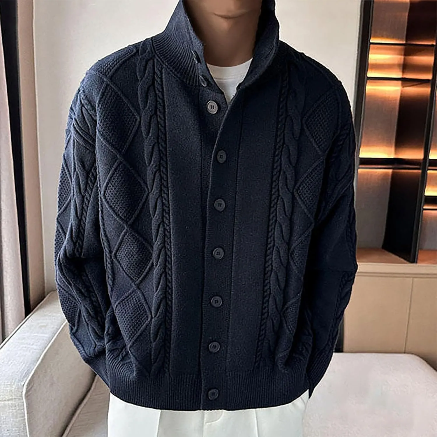 Textured Cardigan Sweaters for Men Button Down Knit Sweater Open Front Cardigan Stand Collar Jacket Thermal Outwear