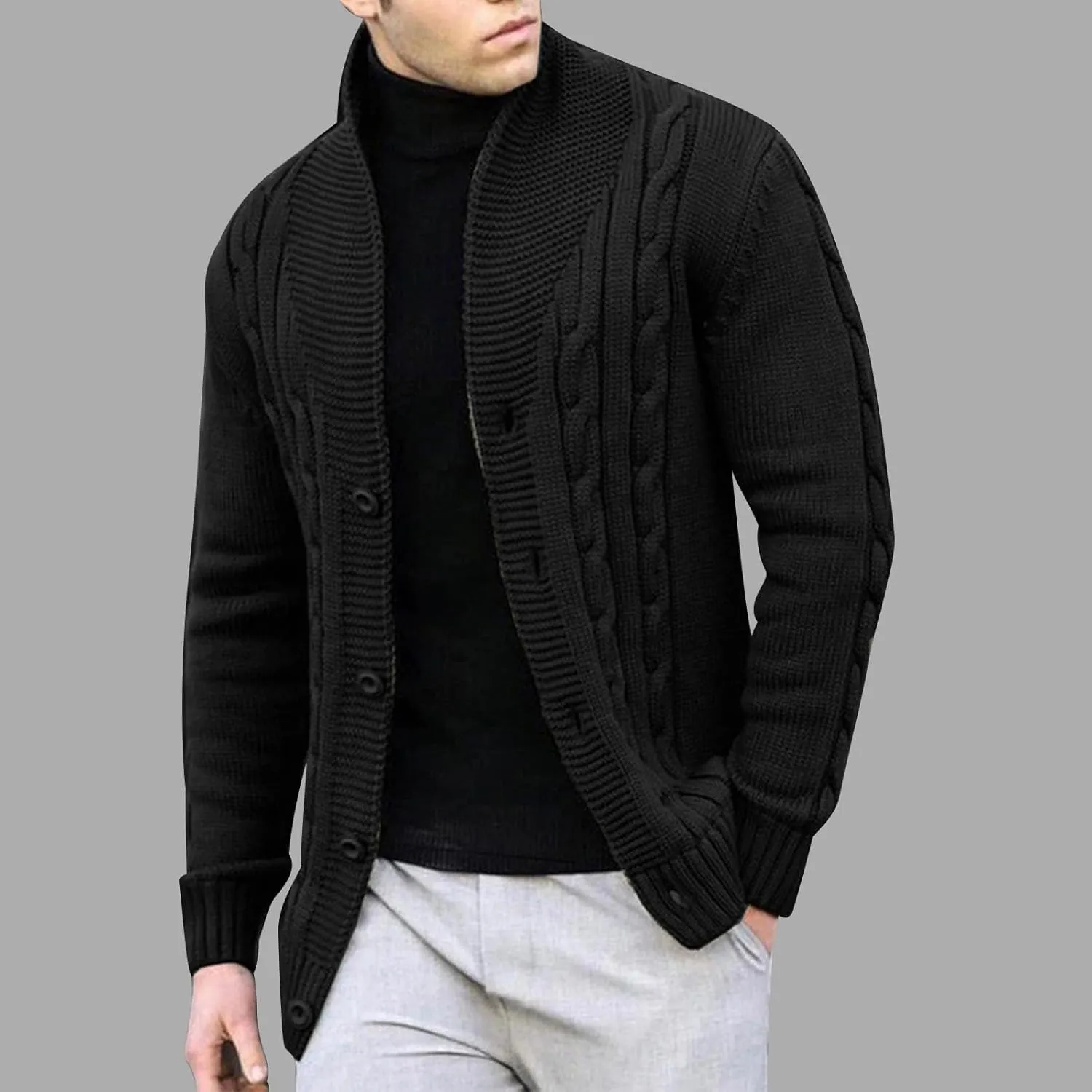 Textured Cardigan Sweaters for Men Button Down Knit Sweater Open Front Cardigan Stand Collar Jacket Thermal Outwear