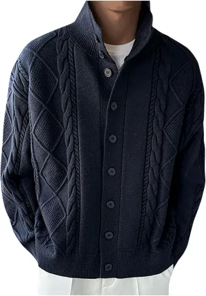 Textured Cardigan Sweaters for Men Button Down Knit Sweater Open Front Cardigan Stand Collar Jacket Thermal Outwear