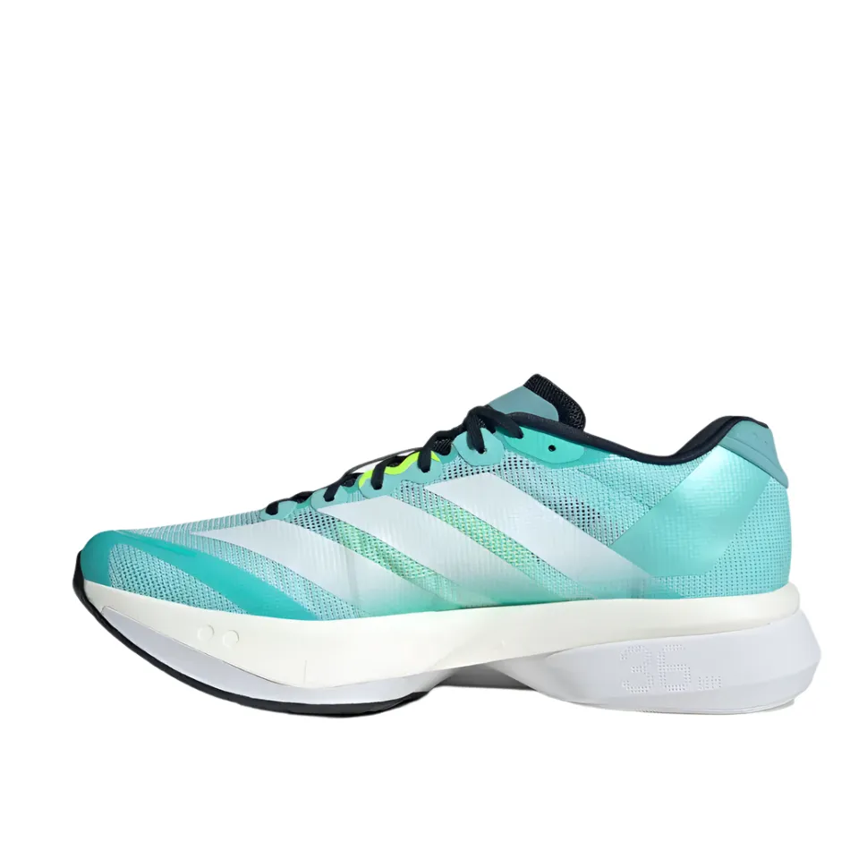 running in a softball field area shoes Road - approved Adidas Men's Boston 13 Running Shoes in Flash Aqua/Cloud White/Lucid Lemon AW25
