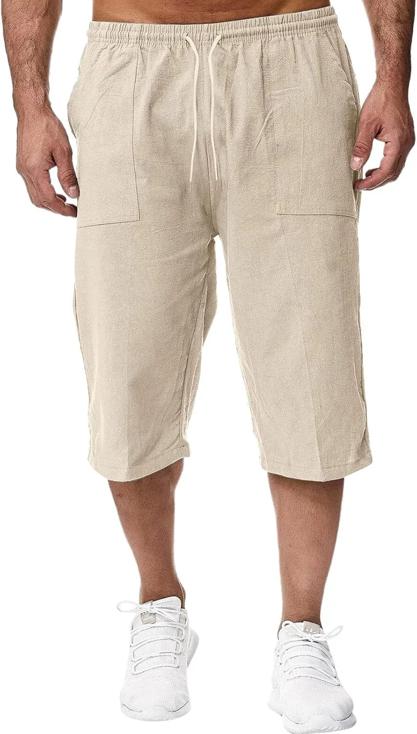 Thatrich Mens 3/4 Sweatpants Cotton Linen Elastic Waist Pants Breathable Joggers Workout Athletic Pant Lightweight for Summer