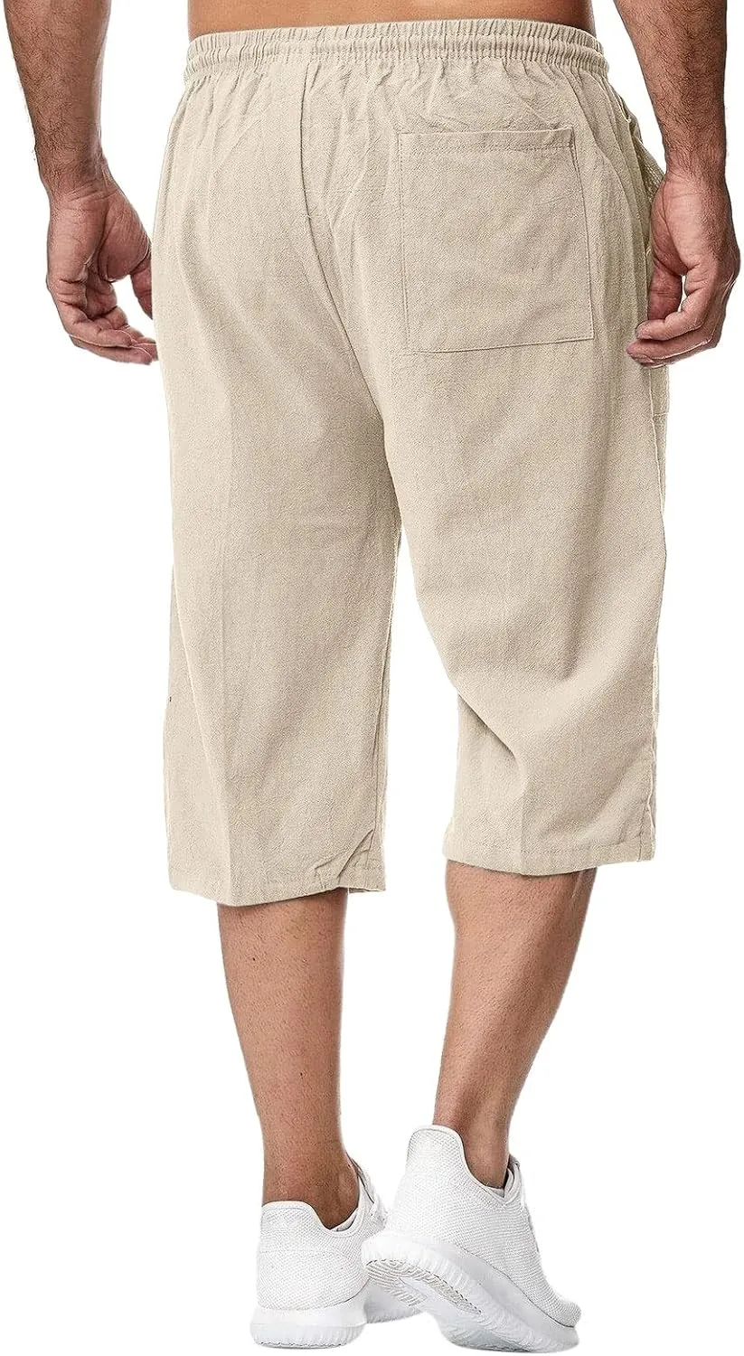 Thatrich Mens 3/4 Sweatpants Cotton Linen Elastic Waist Pants Breathable Joggers Workout Athletic Pant Lightweight for Summer