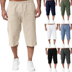 Thatrich Mens 3/4 Sweatpants Cotton Linen Elastic Waist Pants Breathable Joggers Workout Athletic Pant Lightweight for Summer