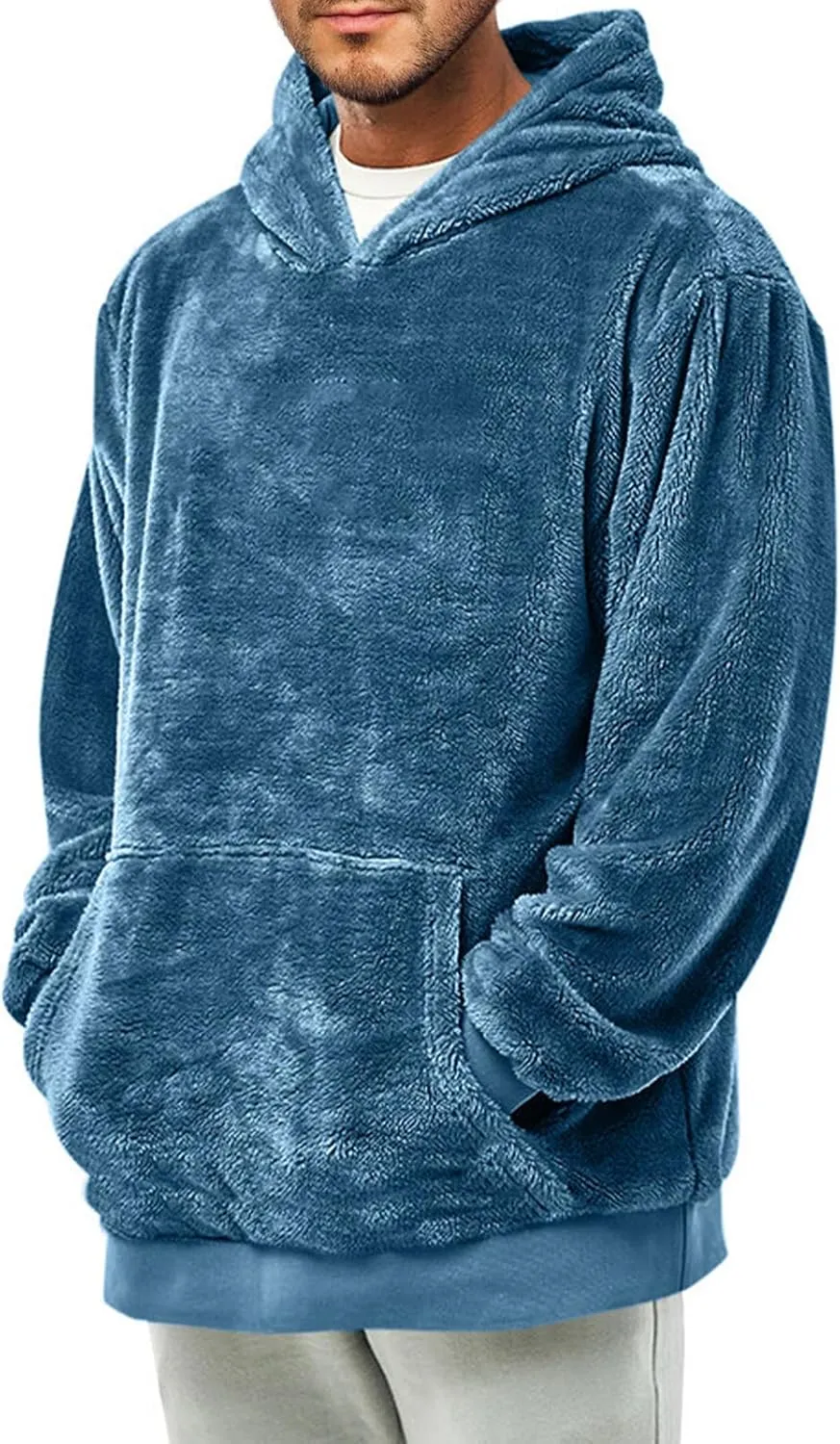 Thatrich Mens Fleece Hoodies Sherpa Pullover Sweatshirt Oversized Plain Hoodies Long Sleeve Hooded Shirt Fuzzy Sweatshirt Top