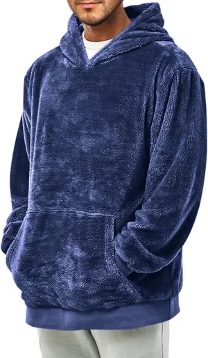 Thatrich Mens Fleece Hoodies Sherpa Pullover Sweatshirt Oversized Plain Hoodies Long Sleeve Hooded Shirt Fuzzy Sweatshirt Top