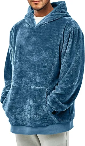 Thatrich Mens Fleece Hoodies Sherpa Pullover Sweatshirt Oversized Plain Hoodies Long Sleeve Hooded Shirt Fuzzy Sweatshirt Top