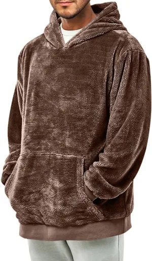 Thatrich Mens Fleece Hoodies Sherpa Pullover Sweatshirt Oversized Plain Hoodies Long Sleeve Hooded Shirt Fuzzy Sweatshirt Top