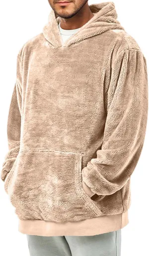 Thatrich Mens Fleece Hoodies Sherpa Pullover Sweatshirt Oversized Plain Hoodies Long Sleeve Hooded Shirt Fuzzy Sweatshirt Top