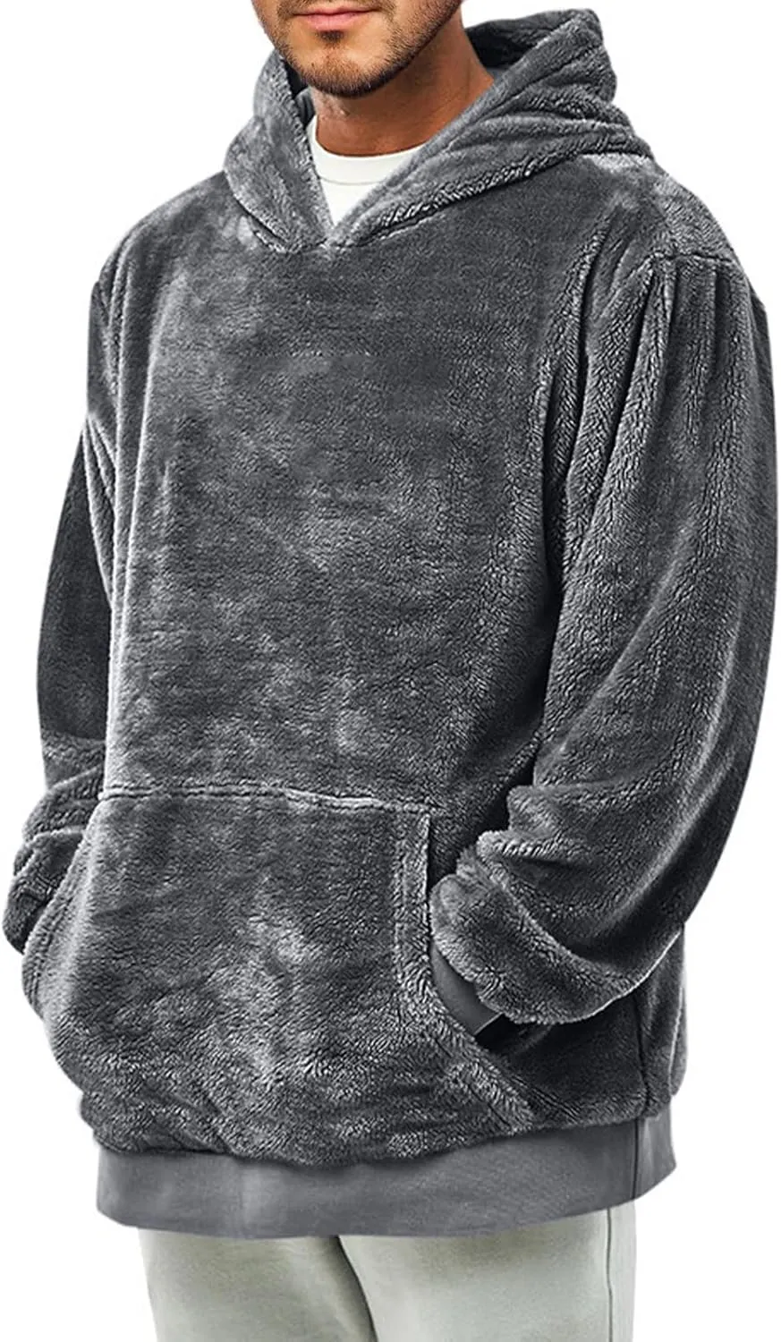 Thatrich Mens Fleece Hoodies Sherpa Pullover Sweatshirt Oversized Plain Hoodies Long Sleeve Hooded Shirt Fuzzy Sweatshirt Top