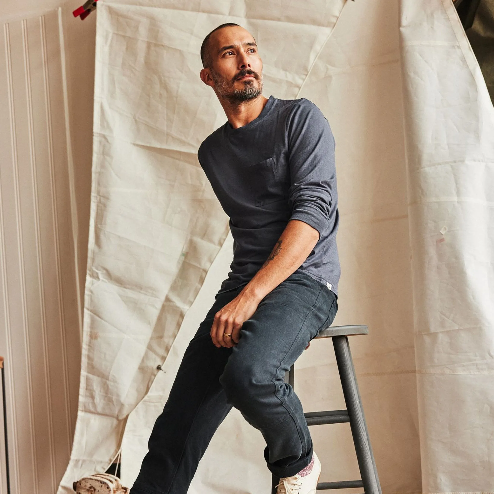 SkinFriendlyFibers The Cotton Hemp Long Sleeve Tee in Navy
