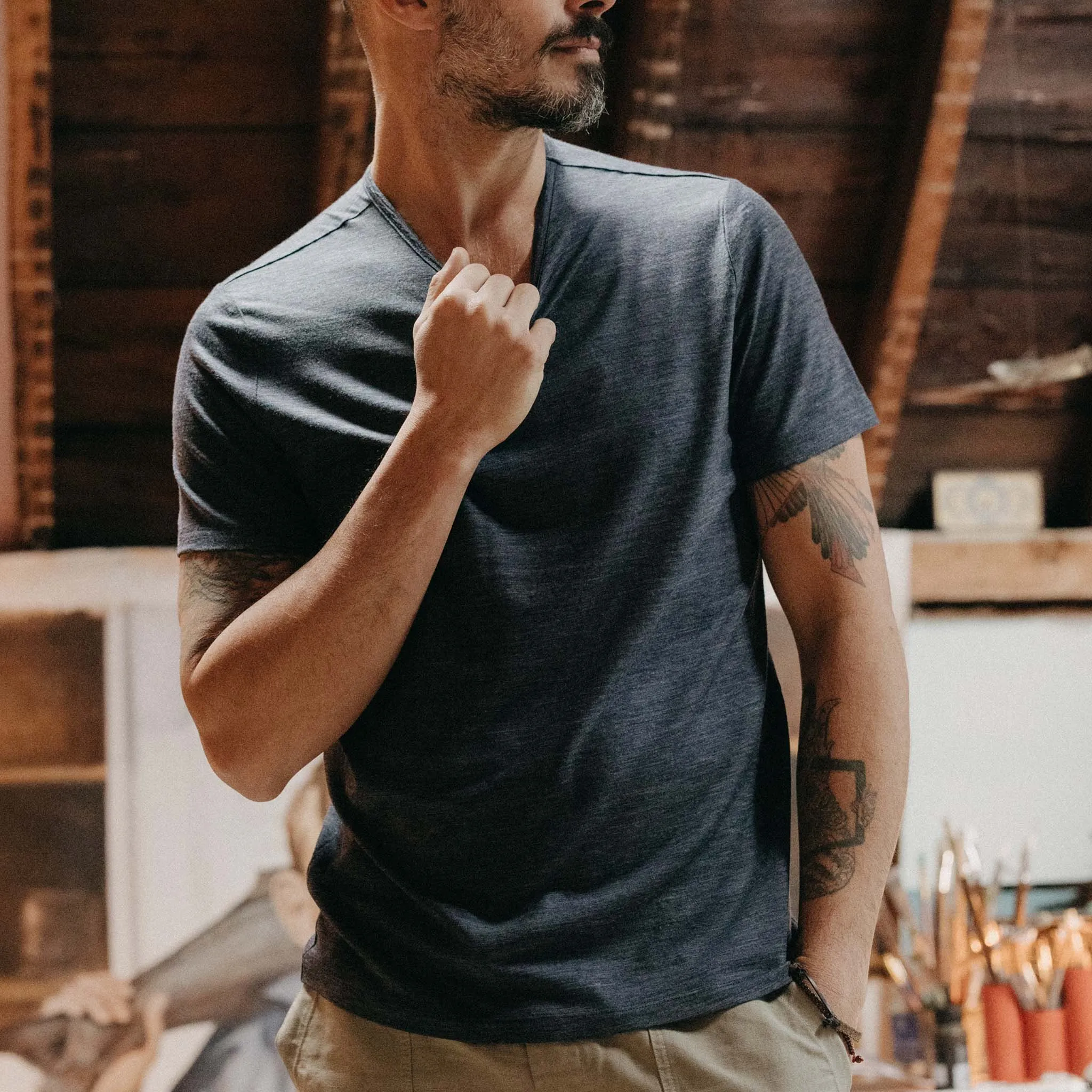 Active Essentials Smart Casual The Merino Tee in Heather Navy