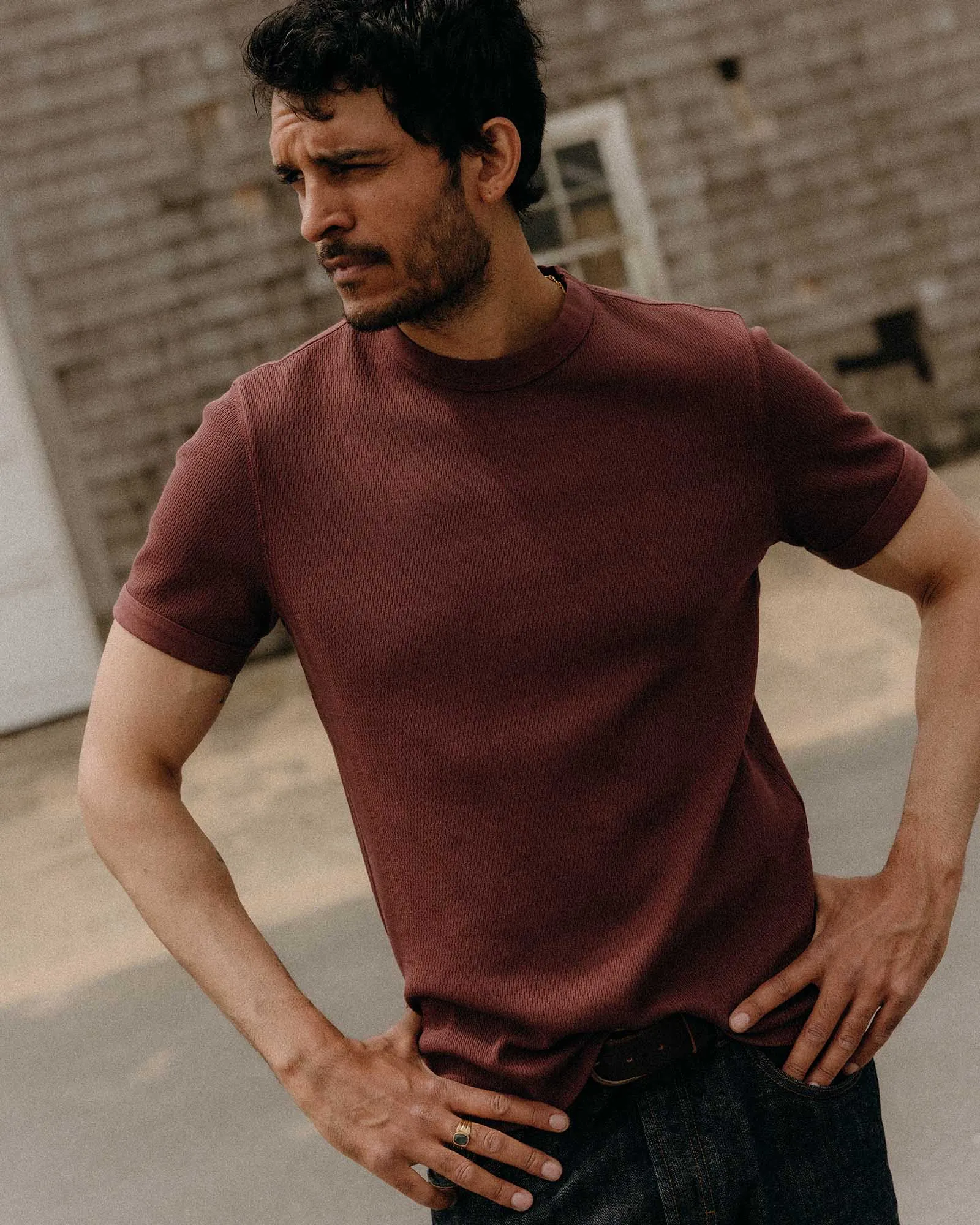 The Organic Cotton Short Sleeve Crew in Burgundy Waffle Sublimation Printed Collar