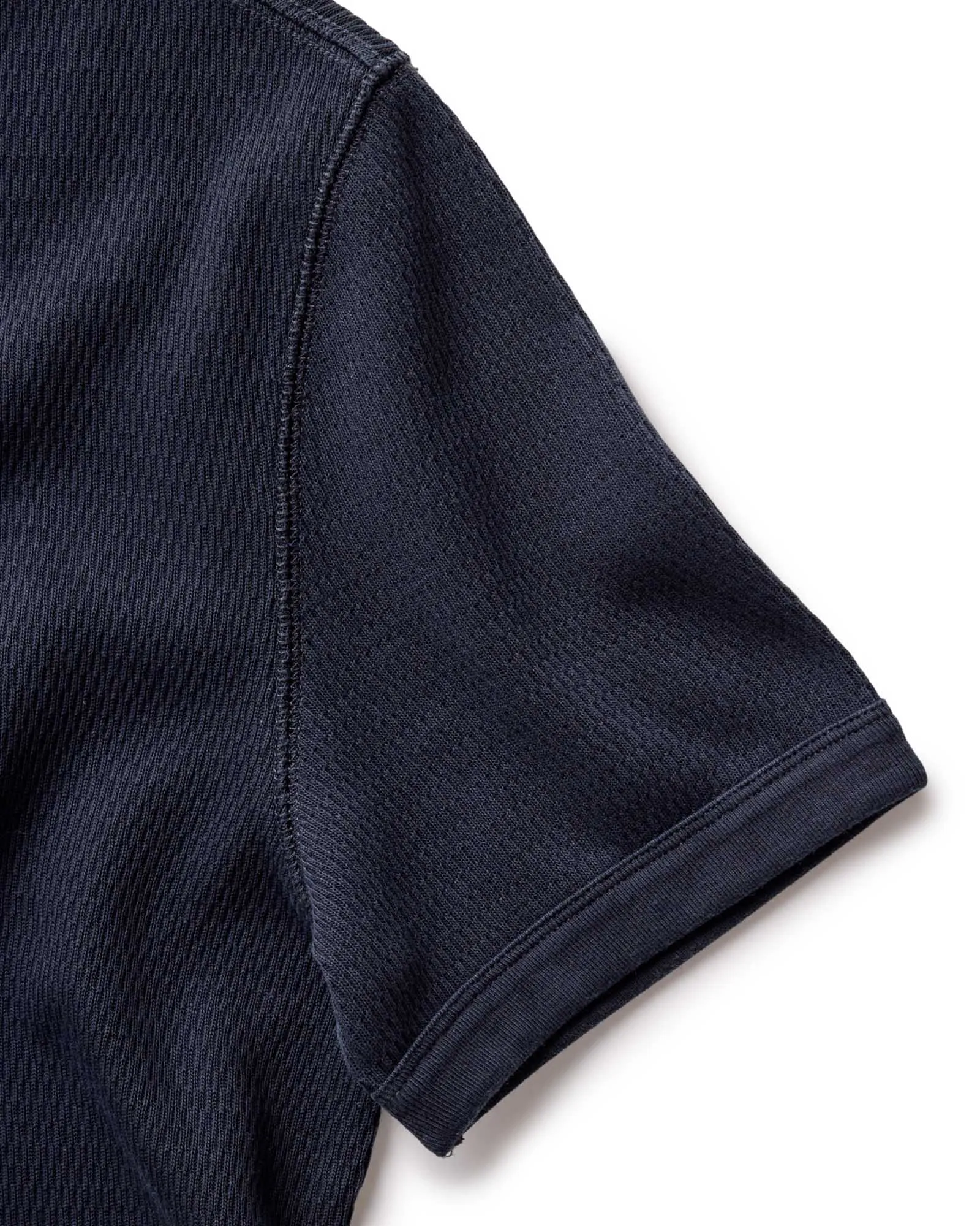 loose but not baggy The Organic Cotton Short Sleeve Crew in Dark Navy Waffle