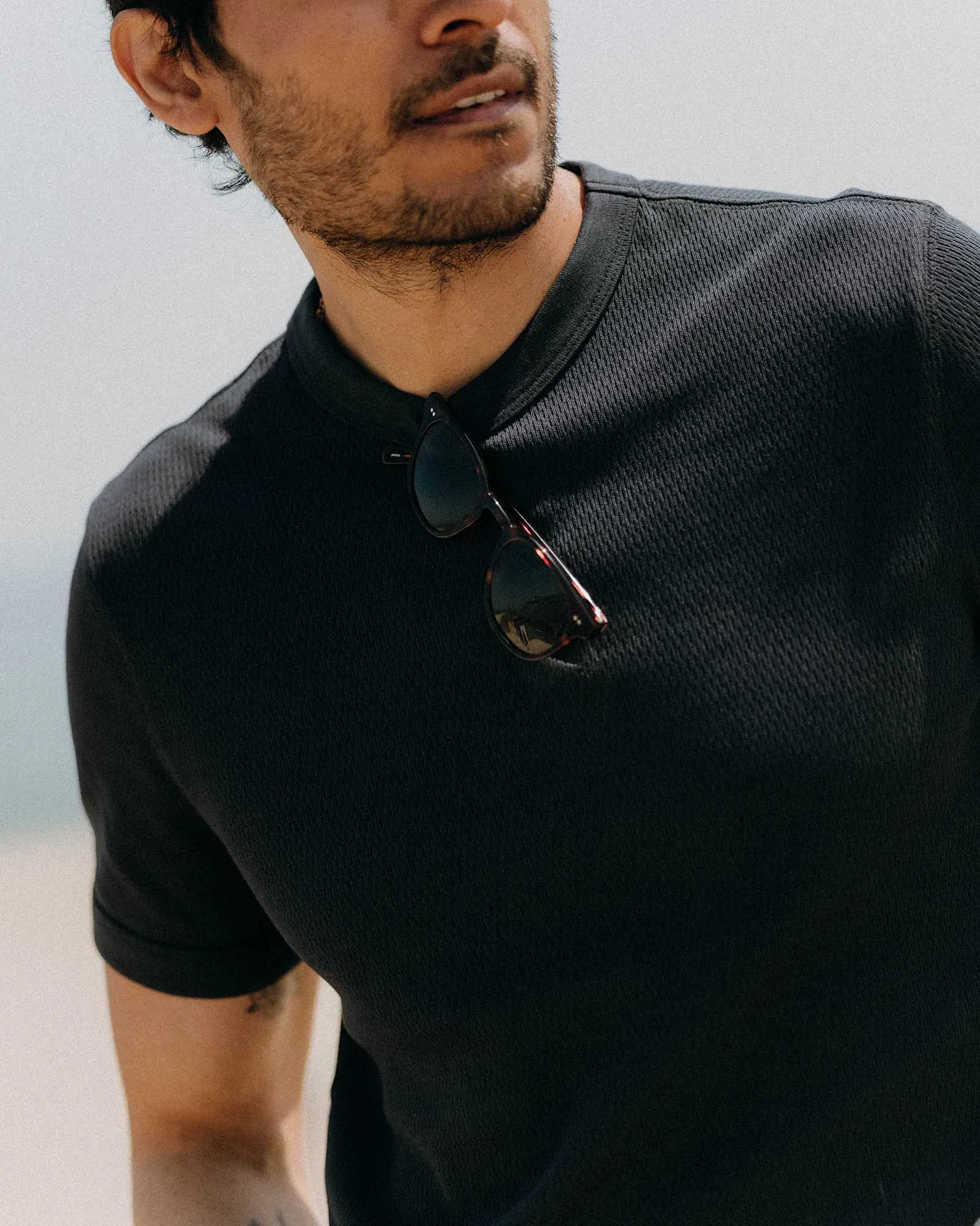 Retro Style Subtle Logo Placement The Organic Cotton Short Sleeve Crew in Dark Navy Waffle