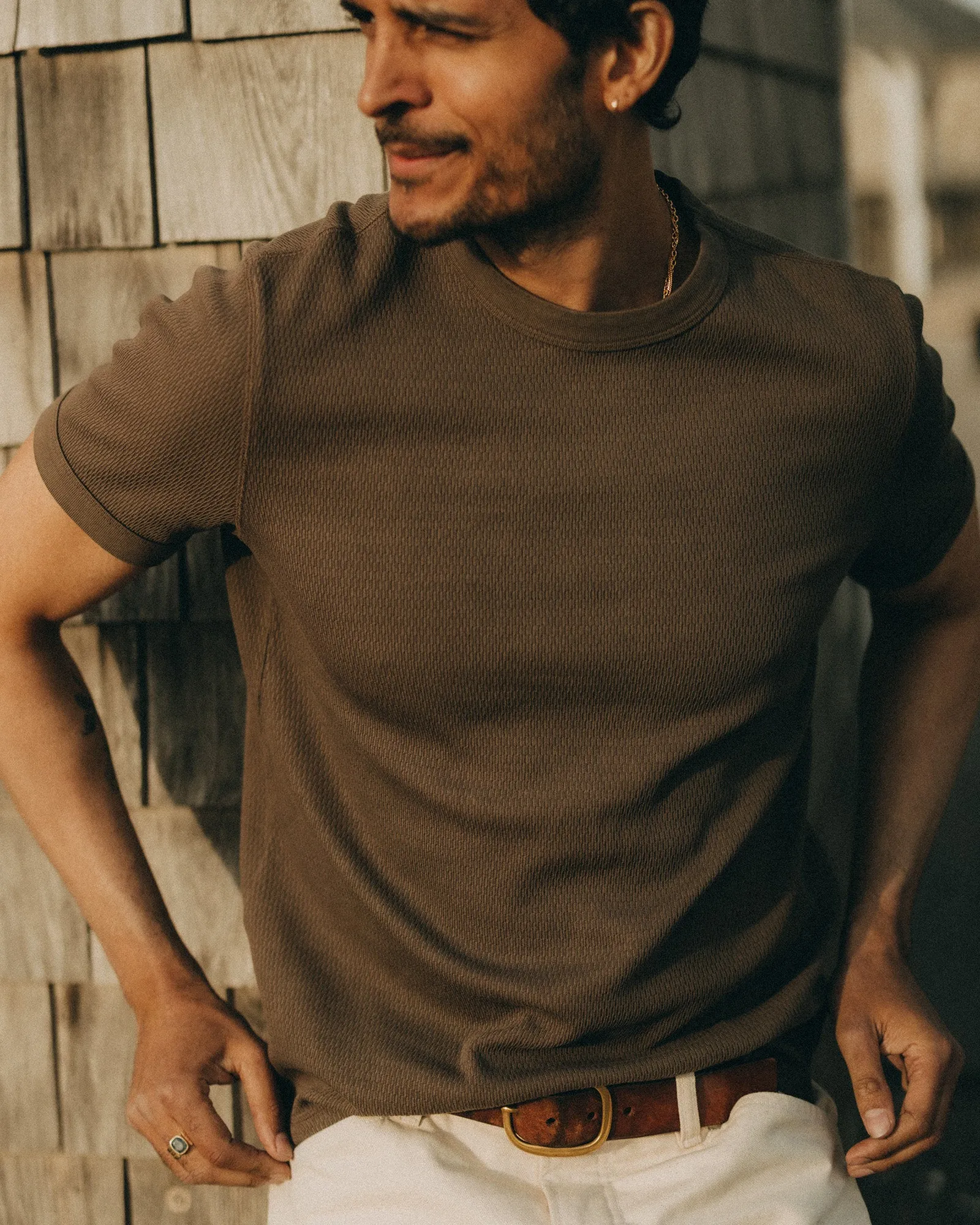 The Organic Cotton Short Sleeve Crew in Fatigue Olive Waffle Sporty Vibe Vintage authenticity