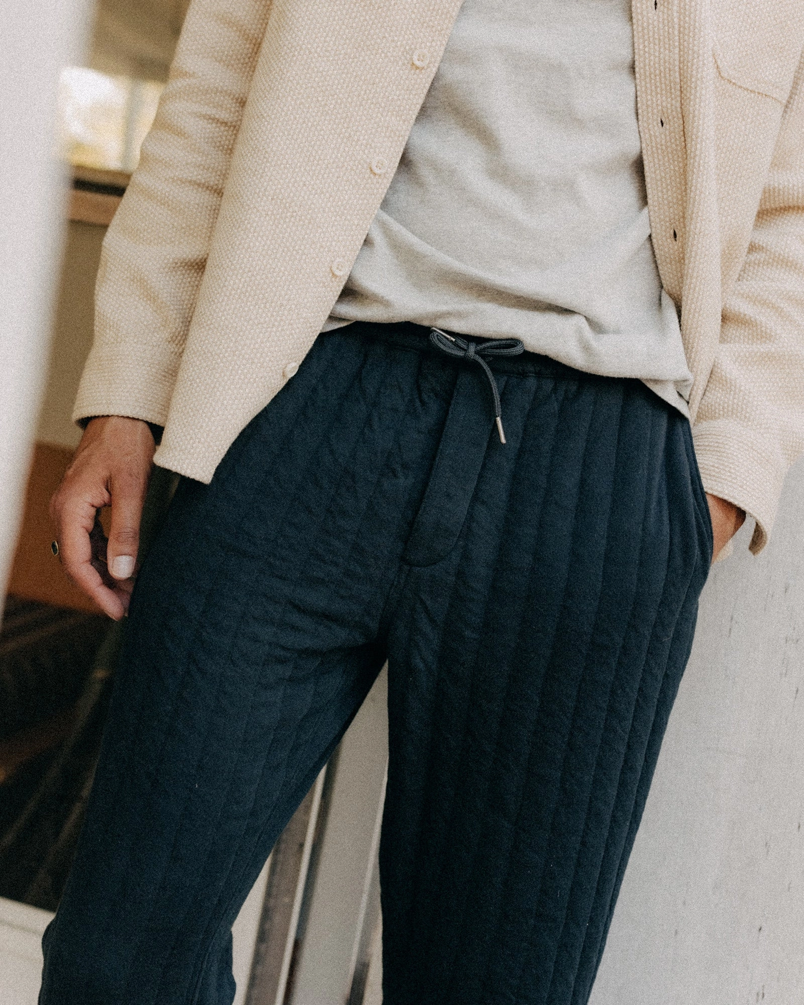 The Apres Pant in Heather Midnight Quilted Jersey ReinforcedPockets Outdoor Comfort Fit