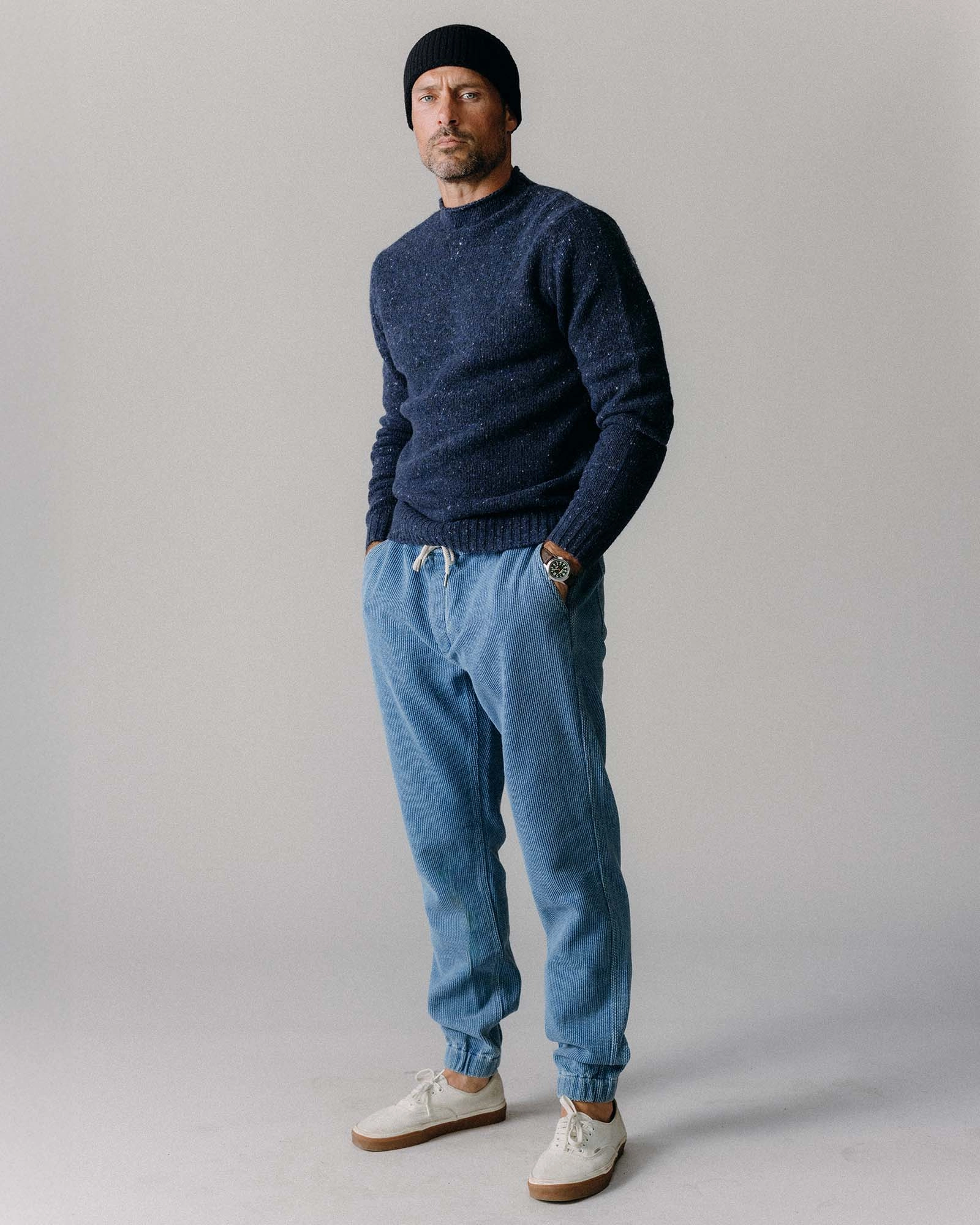 Stretch Support Breathable Motion The Apres Pant in Washed Indigo Sashiko