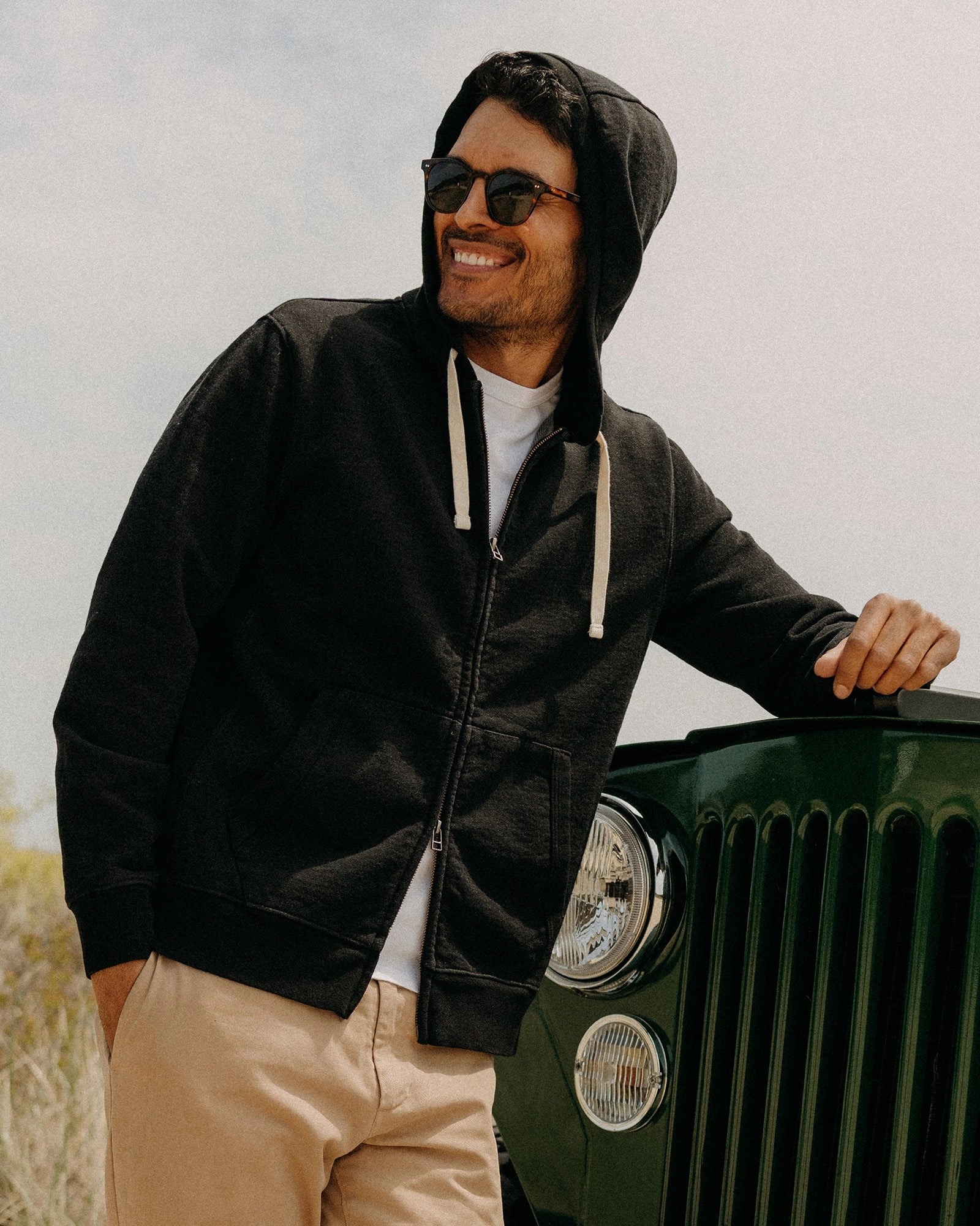 The Apres Zip Hoodie in Black Indigo Terry dry weather NonIrritating Tagless Neck