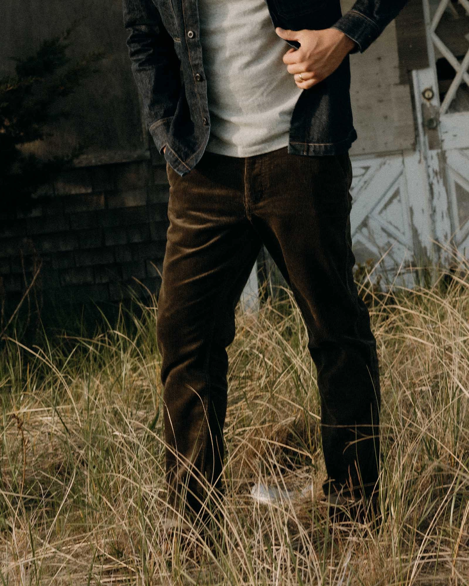 The Carnegie Pant in Fatigue Olive Corduroy Day Hike Soft Brush Lining