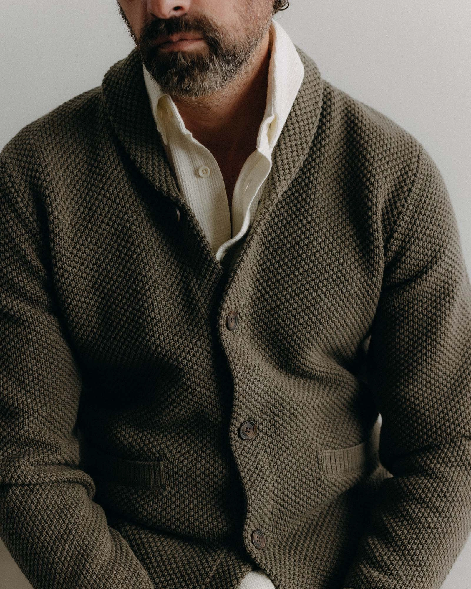 The Crawford Sweater in Fatigue Olive Essential Layer Fine Gauge