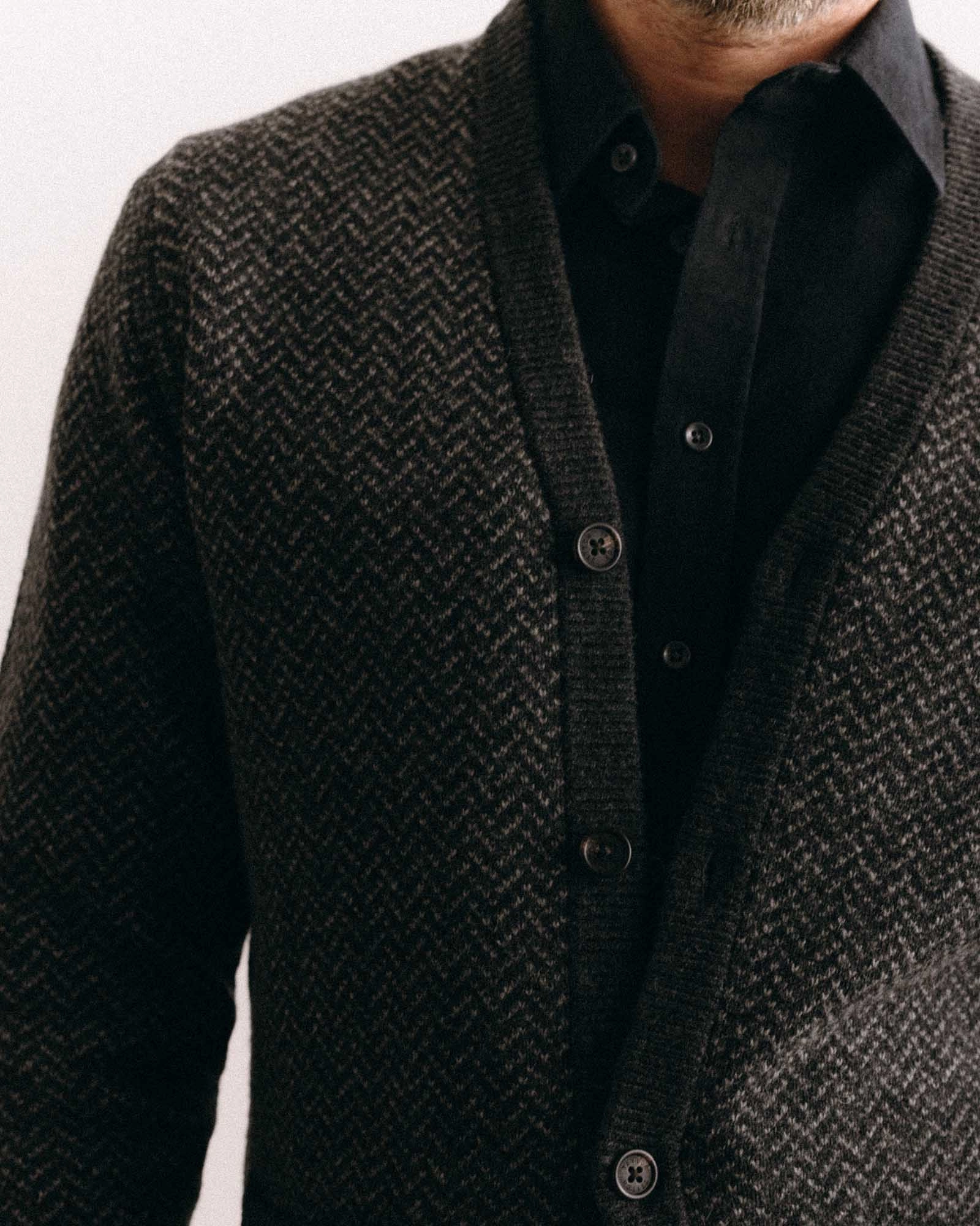The Eddy Cardigan in Heather Charcoal Herringbone Winter Styling