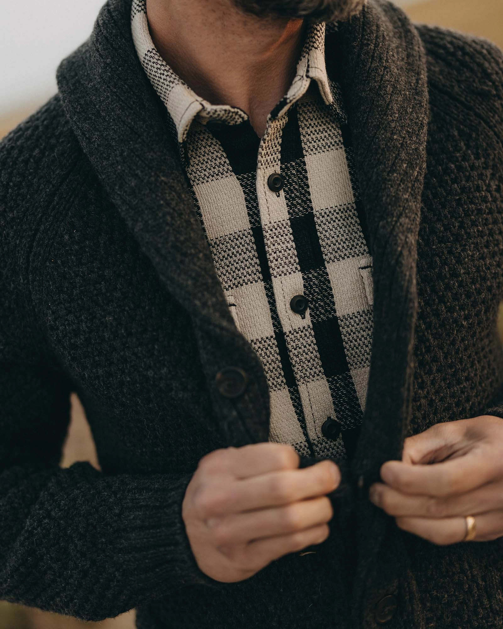 winter warmth Reinforced Cuffs The Fisherman Shawl Cardigan in Heather Coal Merino