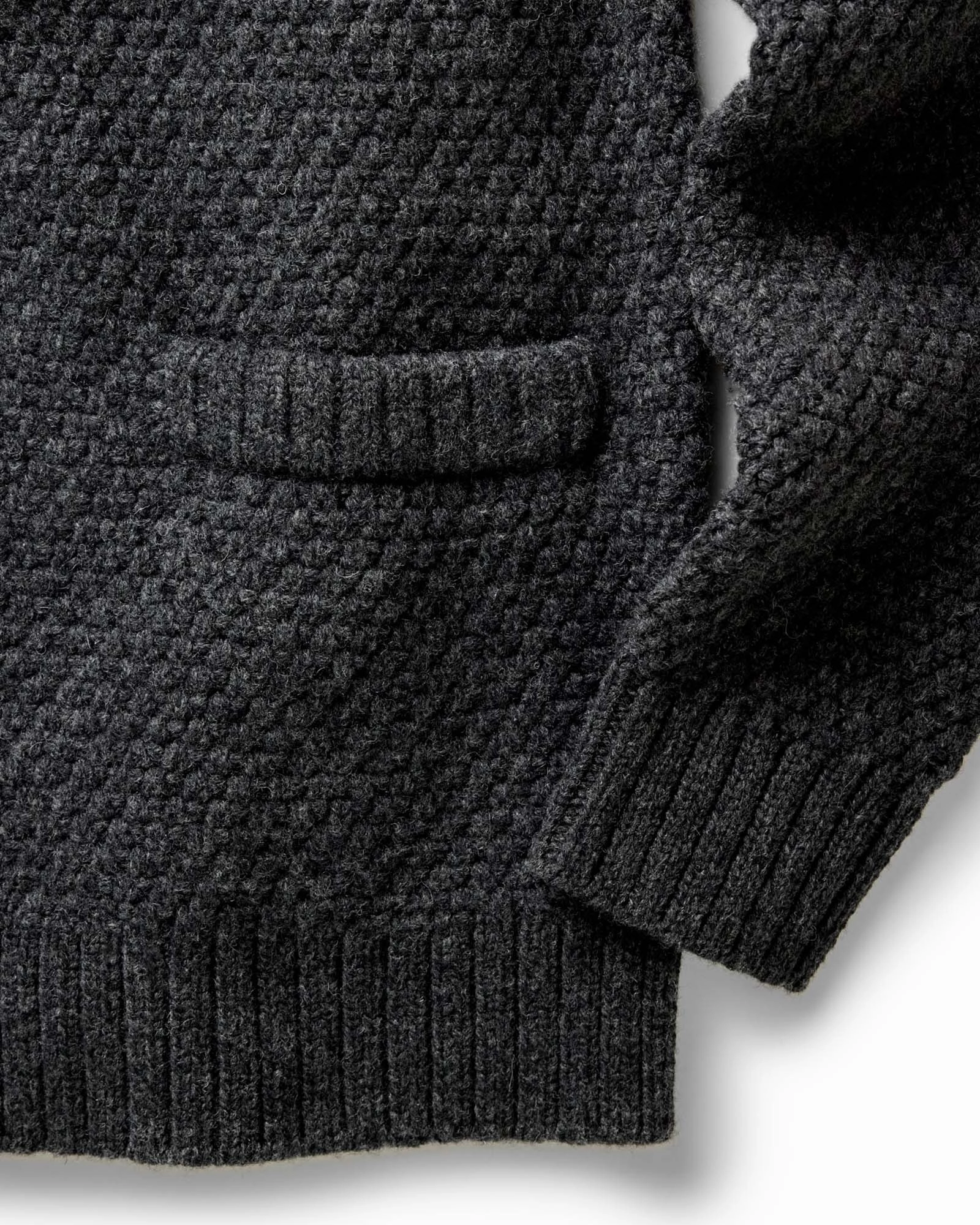 The Fisherman Shawl Cardigan in Heather Coal Merino Stretch Knit Technology